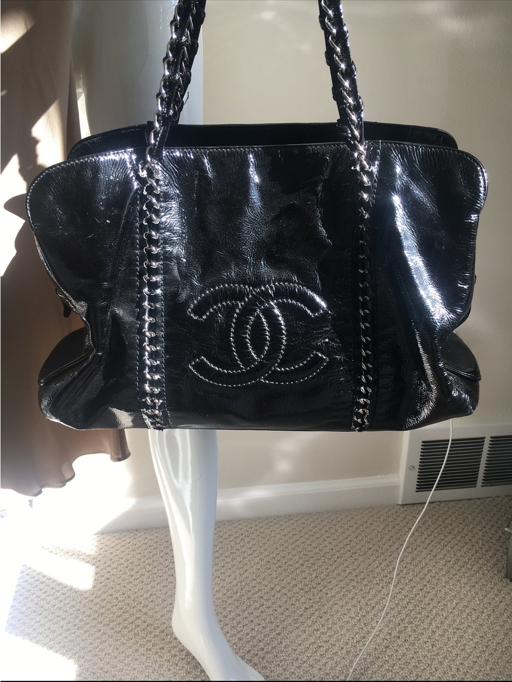 CHANEL Black Patent Leather Luxe Ligne Tote Bag